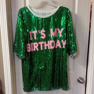 Green Sequin 'It's My Birthday' T-Shirt